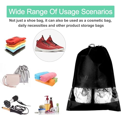 Reiseschuhtasche,10 Stück Tragbare Schuhbeutel 32x44 cm,Wiederverwendbar wasserdichte Schuhaufbewahrungstasche mit durchsichtigem Fenster,Kordelzug Staubdichte Reise Schuh Aufbewahrungstasche,schwarz