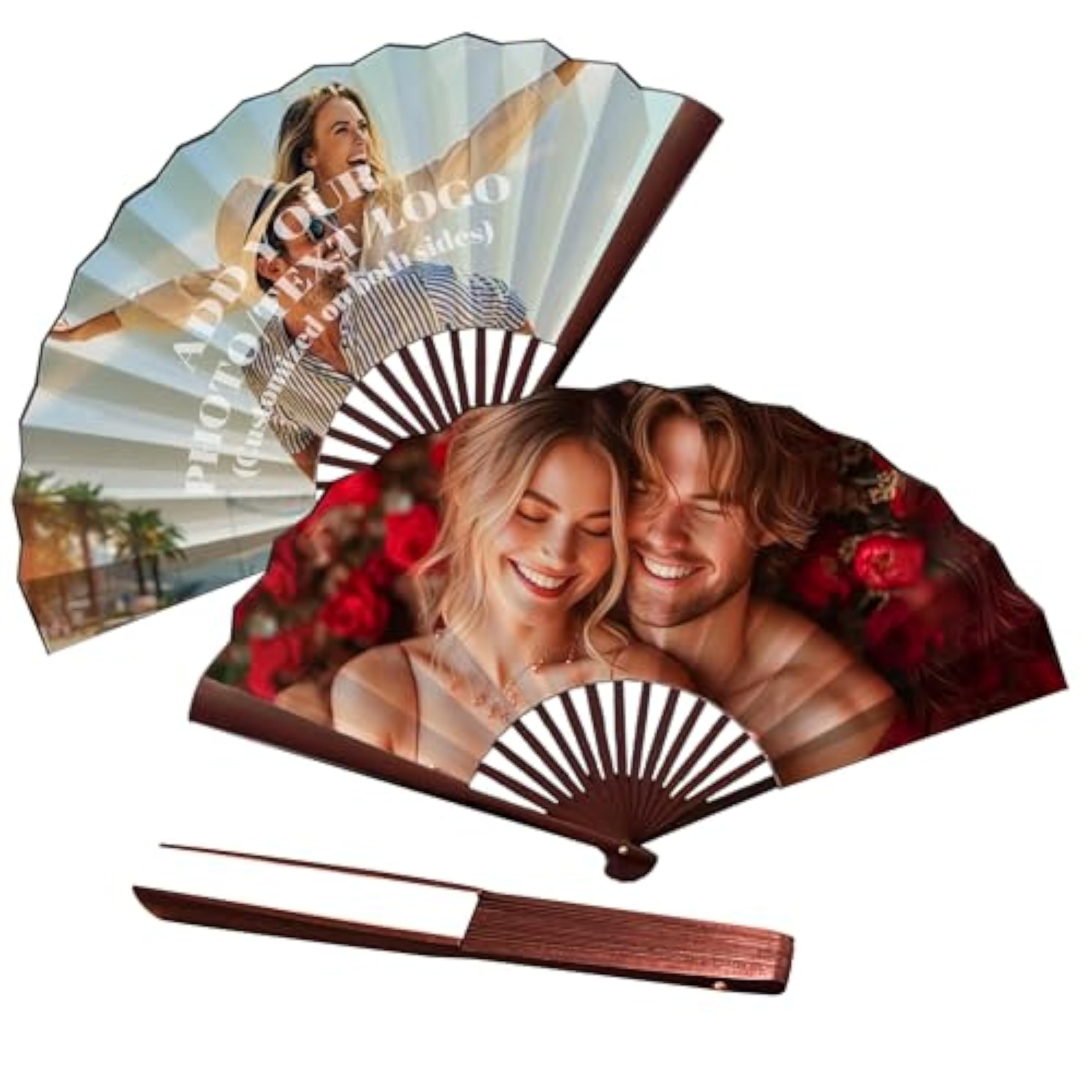 Abanico Personalizado Abanicos de Madera con Tus Propias Fotos |Plegables Abanicos Originales con Foto Texto Nombres Personalizados Regalos de Verano | Regalos Originales (Madera roja)