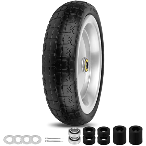 Image of 13 Inch Flat Free Wheels Tires 4.00-6 Solid Replacement with Universal 5 /8 inch Axle Bore Hole, 4 Spacers and 2 Pins, for Wheelbarrow, Garden Wagon, Hand Truck, Trolley, Lawn Mower, 1 Pack