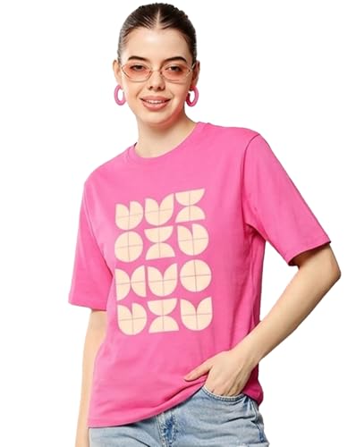Image of Women's Typography Round Neck Cotton-Blend T-Shirts, Oversized Drop Shoulder Boho Style T-Shirt