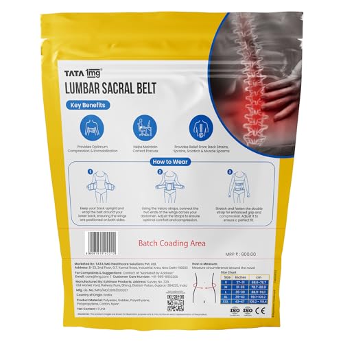 Image of TATA 1MG Lumbar Sacral Belt For Back Sprains, Strains, & Muscle Spasms, Unisex With 5 Flexible Splints for Lower Back Support, XL,Pack Of 1