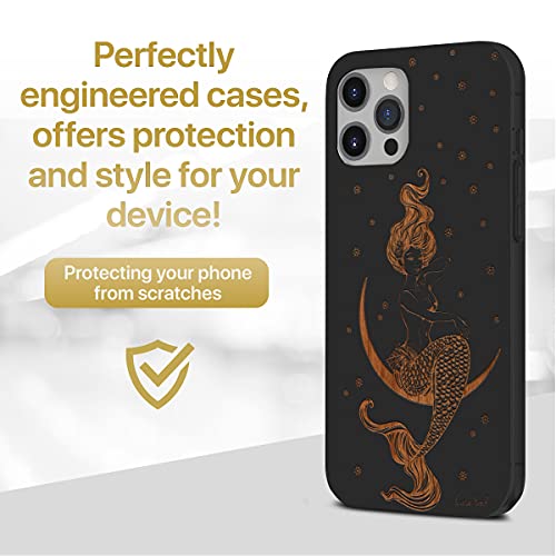 Caseyard Wood Phone Case For Iphone 12/12 Pro Laser Engraved Mermaid On The Moon Design Black Wood Compatible Iphone Case Protective Shockproof Slim Fit Cell Phone Cover For Men & Women #TOP1
