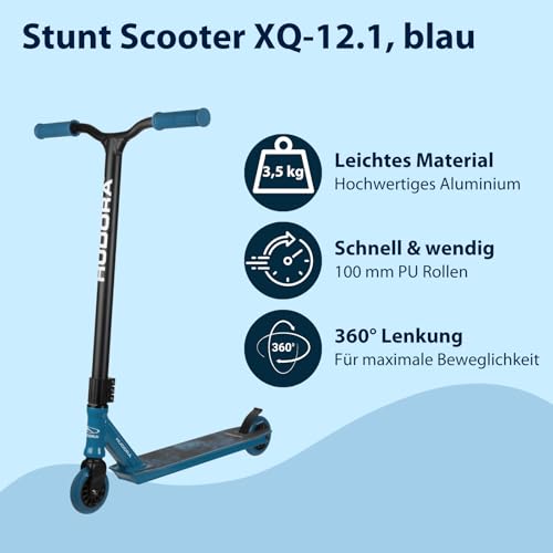HUDORA Stunt Scooter XQ-12.1 f&uuml;r Skatepark - robuster Freestyle Roller mit 360&deg; Lenker, ABEC 9 Kugellager & Stahlbremse - Stunt Roller f&uuml;r Anf&auml;nger & Ge&uuml;bte, rutschfestes Deck, schnell rollend - blau