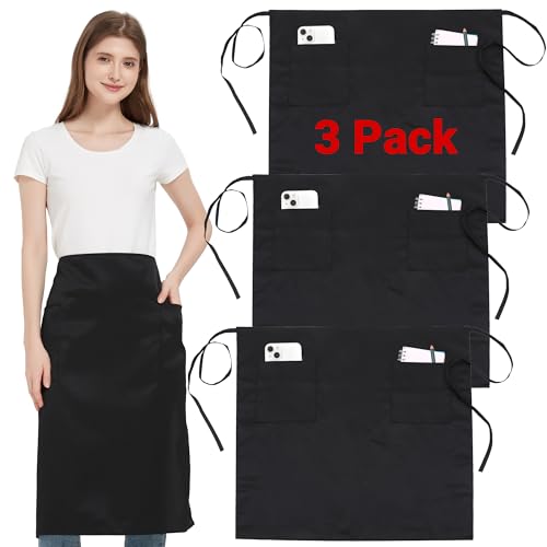 3 Pièces Tablier de Taille avec 3 Poches et Sangle Réglable, Imperméable Tabliers de Cuisine Noir pour Femme et Homme, Court Tablier Pour Serveurs Chefs...