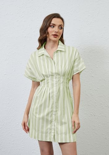 Image of calbatic Women Button Down Pleated Shirt Dress Striped Short Sleeve Summer Casual Business Flowy Mini Short Dress