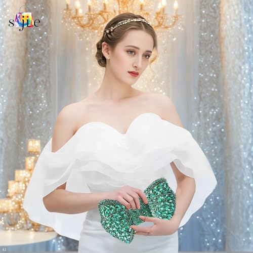 Image of Handmade Inlay Rhinestone Bow Clutch Bag for Women, Sparkling Evening Party Wedding Purse with Detachable Pearl Chain