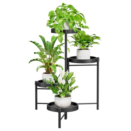 iDavosic.ly Pflanzenständer Blumentopfständer Metall mit 4 Ebenen, Mehrstöckig Pflanzenregal Blumenregal Pflanzentreppen für Zimmerecke, Wohnzimmer, Balkon, Terrasse, Hof (4-Lagen, Schwarz)