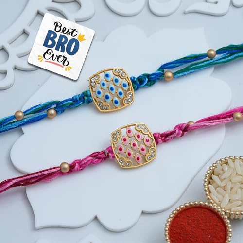 Image of eCraftIndia Pink Blue Designer Rakhi Set of 2 | Rakhi for Brother Bhaiya Bhai with Best Bro Ever Fridge Magnet | Roli Chawal Pack
