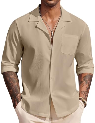 Image of DEELMO Mens Casual Button Down Shirt Summer Beach Shirts Long Sleeve Cuban Collared Tropical Textured Shirts