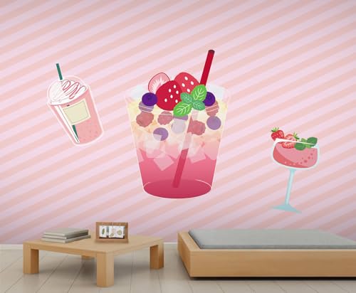 Papel tapiz de rayas rosas, papel tapiz de batido de frutas, batido de frutas, bebida de verano, papel tapiz decorativo para cóctel, papel de pared para niños, para dormitorio, sala de estar, póster