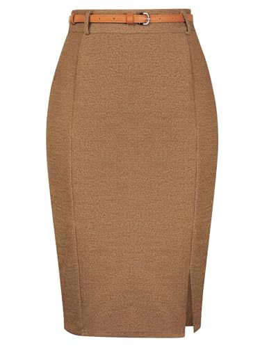 Kate Kasin Camel Skirt for Women Tweed Pencil Skirts Knee Length Fall Professional Office Work Skirt L