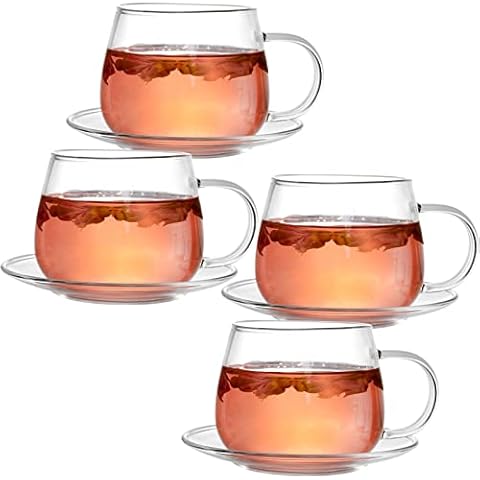 Tosnail 4 Set Glas Tassen mit Unterteller, Glas-Kaffeetassen-Set, Kaffeetasse mit Henkel Cover