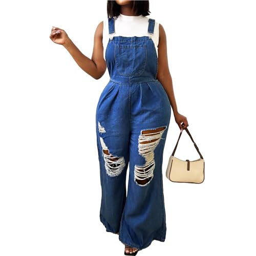 AprPith Women's Denim Bib Overalls Wide Leg Loose Fit Ripped Adjustable Strap Casual Sleeveless Cargo Jeans Jumpsuits