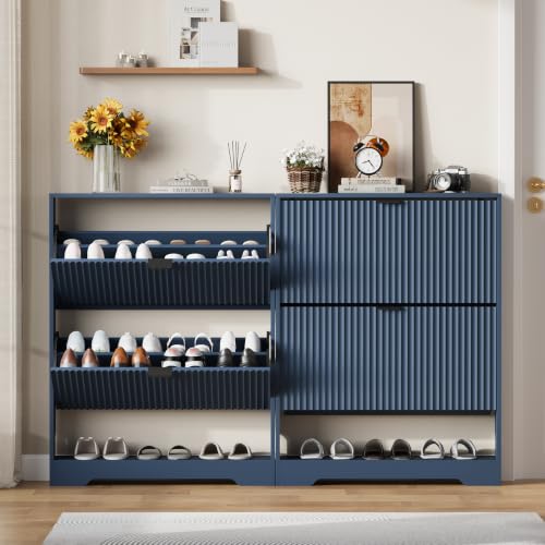 Image of HUANLEGO Shoe Cabinet Storage for Entryway with 2 Flip Drawer, Blue | Fluted Shoe Cabinet with Open Storage, Hidden Shoe Rack for Entryway,Freestanding Narrow Shoe Organizer for Hallway, Entrance