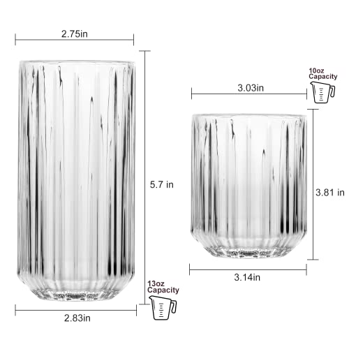 Qappda Drinking Glasses Set Of 12,Clear Mixed Glassware Set,Vintage Ribbed 13Oz Highball Glasses&10 Oz Rocks Glasses,Origami Style Everyday Glassware For Cocktail,Whiskey,Juice,Water thumb #1