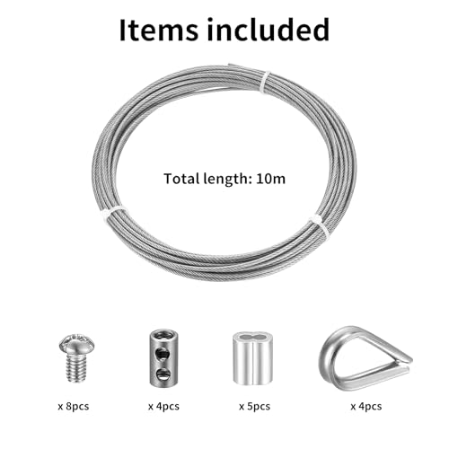 10m 2mm Stainless Steel Wire Rope Cable Kit with 7x7 Strand Core - Heavy Duty Rust-Resistant Metal Garden Wire for Picture Hanging, Fencing, Clotheslines, Lights & DIY Projects - Durable Steel Cable