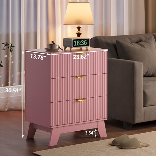 Image of Fluted Nightstand Sets of 2 with 3 Large Drawers, Wooden Side End Table with Elevated Legs for Easy Cleaning, Sturdy Modern Beside Table for Small Space, Bedroom, Pink, 24 inch L
