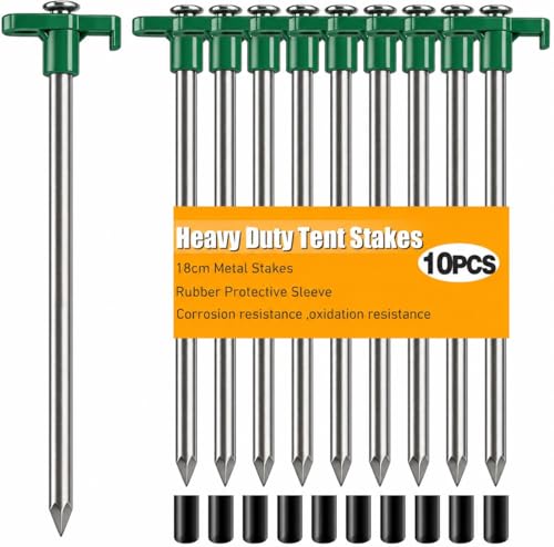 TEOYNGU 10PCS Tent Stakes Heavy Duty Camping Tent Stakes 7Inch Non-Rust Metal Tent Pegs with 10pcs Rubber Protective Sleeve (Green)