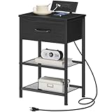HOOBRO Nightstand with Charging Station, End Table with USB Ports & Outlets, Bedside Table with Fabric Drawer for Bedroom, Black BB117UBZ01