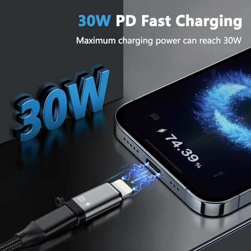 Image of Kinsound USB Type C Female to Lighting Adapter Converter with 30W PD Fast Charging, Data Transfer & Audio Connector for iPhone 13 12 11 Airpods iOS Device