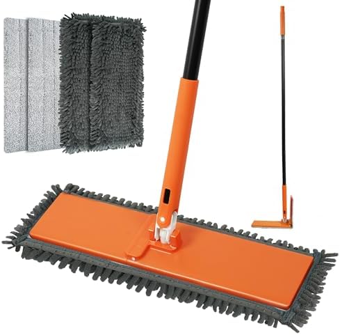 JEHONN Floor Dust Mop with Unique 90° Foldable Panel, 2 Chenille and 2 Microfiber Pads, 52 inches Long Handle Dry Wet Flat Dustmop for Cleaning Hardwood, Laminate, Tile, Marble (Orange)