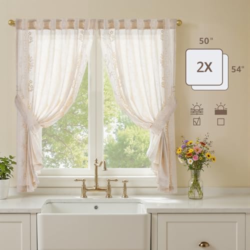 Image of jinchan Ivory Floral Linen Kitchen Tier Curtains 50x54 Inch 2 Panels