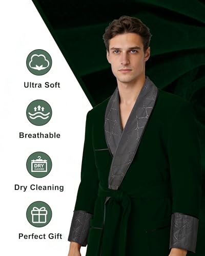 Image of Men's Long Velvet Smoking Jacket Smoking Robe with Belt Shawl Lapel Quilted Dressing Gown