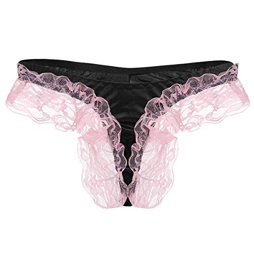 IBAKOM Men's Shiny Satin Frilly Lace Floral Sissy Pouch Thong Panties Maid Cosplay Crossdress Lingerie Briefs Underwear2