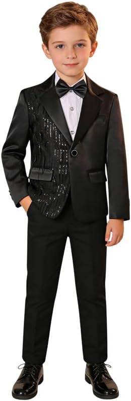 Boys Glitter Sequin Blazer with Bow Tie 1 Button Contrast Serge Design Multiple Color Options