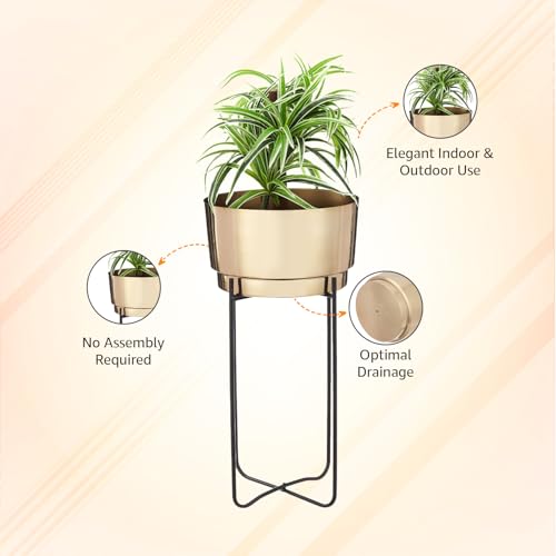Image of amazon basics Planter Flower Pot with Stand | for Home Decor | (Large) (Antique Gold and Copper Finish)
