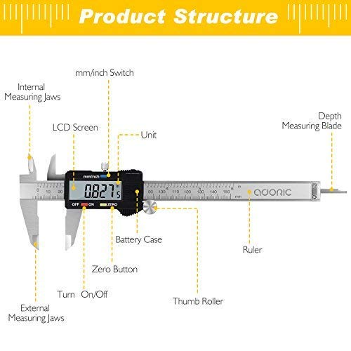 Digital Caliper, Adoric Electronic Digital Caliper Stainless Steel Body with Large LCD Screen | 0-6 Inches | Millimeter/Inch/Conversion - Thumbnail 5