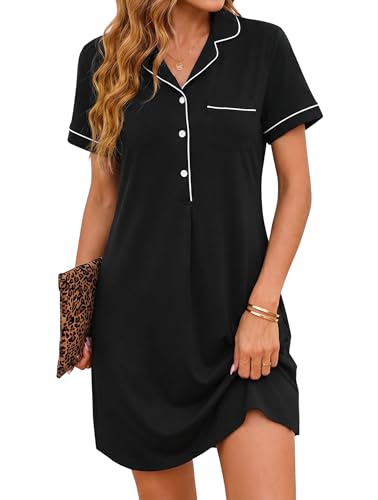 Jahetuul Nachthemd Damen Kurzarm Baumwolle Schlafshirt Sommer Schlafkleid mit Knopfleiste Nachtwäsche Weiches Sleepshirt für Damen Negligee