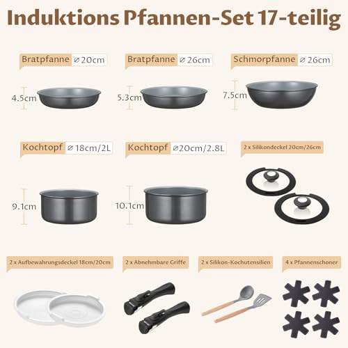 BEZIA Keramik Topfset mit abnehmbarem Griff, 17-tlg. Töpfe & Pfannen Set – Ansicht 2