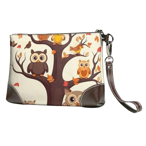 Women's Leather Wristlet Purses Clutch Wallet Cartoon Family Owls On The Brown Tree Handbag Lad