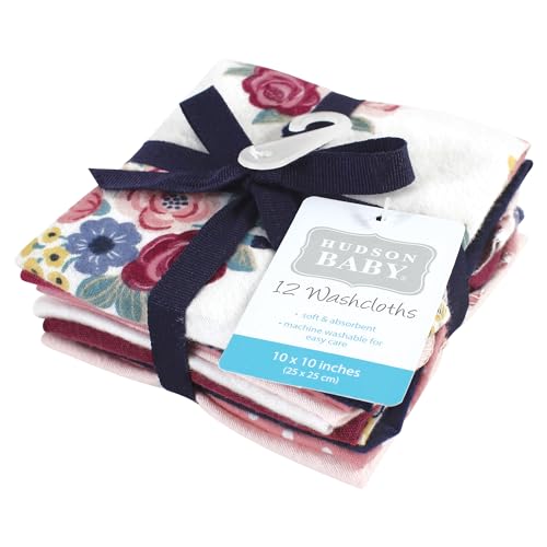 Image of Hudson Baby Unisex Baby Flannel Cotton Poly Washcloths, Blush Navy Floral 12Pk, One Size