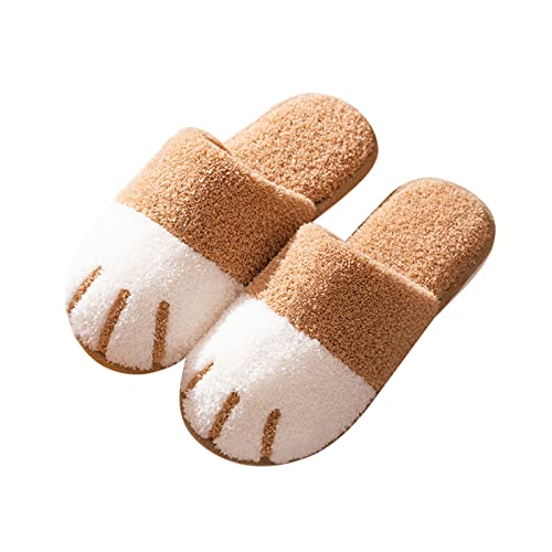 Women Cute Cat-paw Slipper Colorblock Fleece Lined Warm Slide Indoors Casual Fuzzy Sandal Lounging Comfy Flat Shoe