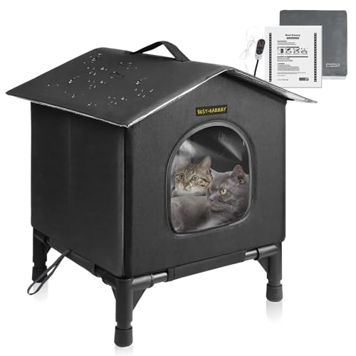 Heated Cat House for Indoor Cats in Winter, Waterproof, Fully Insulated Shelter for Stray and Feral Cats, Great for Cat Houses for Outdoor Cat and Cat Beds for Indoor Cats (Black-Heat, Small