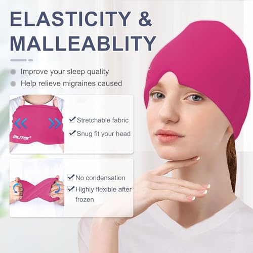 Image of EXQUISLIFE Migraine Headache Relief Cap, Gel Ice Head Wrap, Hot and Cold Therapy, Headache Eyes Mask for Sinus, Puffy Eyes, Tension and Stress Relief (Hot Pink)