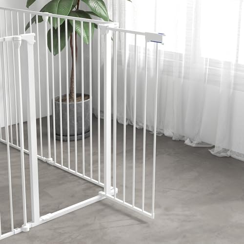 PawHut Welpenauslauf faltbar 90cm Hoch Freilaufgehege mit 6 Paneelen, Welpenlaufstall mit abschließbarer Tür, Hundelaufstall für drinnen und draußen, für mittelgroße Hunde, 123 x 102 x 90 cm, Weiß