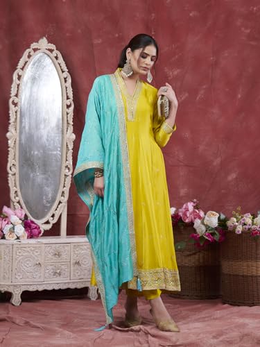 Image of MOKOSH Women's Silk Embroidery Anarkali Kurta Pant with Dupatta | Anarkali Kurta Set |Embroidered |V Neck Full Sleeve Ethnic Suit |3 Piece Outfit