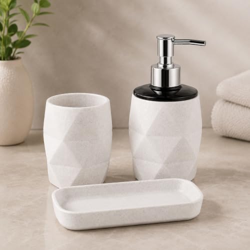 Image of SHENRON Bathroom Accessories Set of 3, Toothbrush Holder, Liquid Soap Dispenser & Tray, Unbreakable Plastic Organizer for Sink & Bathroom Essentials, Handwash, Sanitizer, Lotion, Shampoo (White)