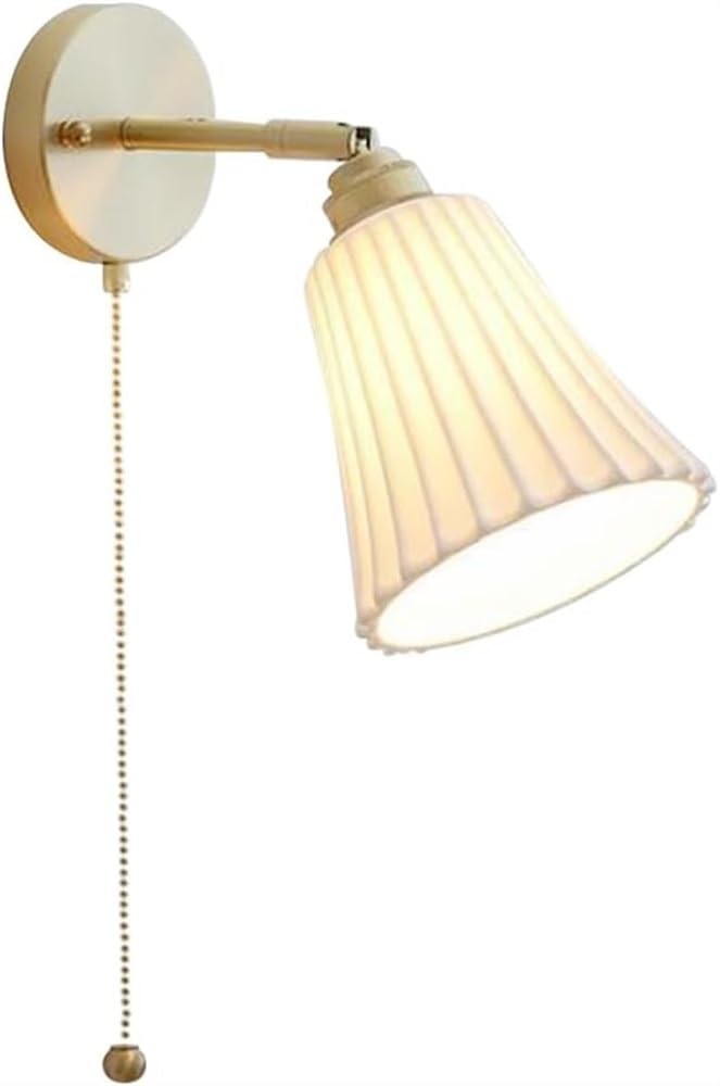 SMCCYYSD Ribbed Ceramic Wall Lamp Copper Light with Pull Cord, Modern Headboard E27 Hardwired Sconce for Bedside Bedroom Living Room Study Balcony Reading Hallway Stairs Hall Mounted