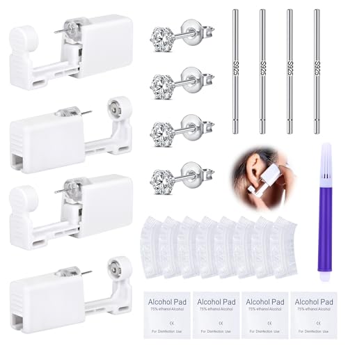 DJCIW 21PCS Ear Piercing Kit Disposable Ear Piercing Gun Kit with 4 Pcs Self Piercing Gun and Bult-in in Stainless Steel Ear Stud 4mm CZ S925 Ear Sticks and Waterproof Ear Cover For Ear Piercing
