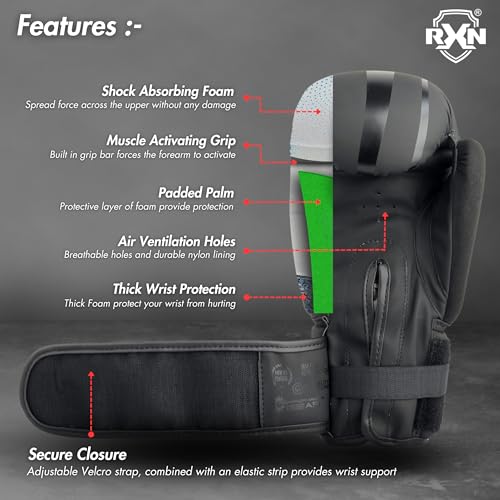Image of RXN R1 Boxing Gloves with Microfiber Thumb, Premium, High-Performance & Durable for Men, Women & Kids, Training, Kickboxing, Taekwondo, MMA, Muay Thai & Martial Arts (Black, 8oz)