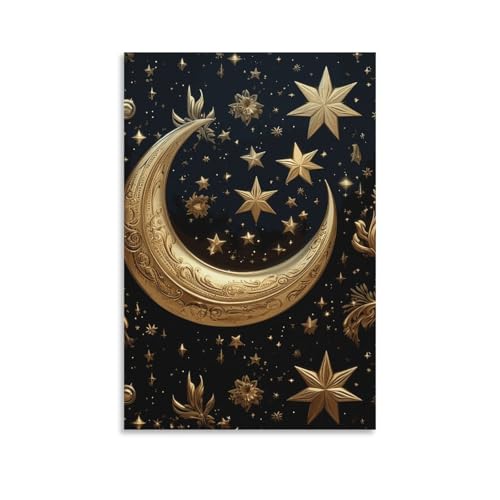 Toile Moderne Étoiles Dorées et Lune pour créer une ambiance zen dans votre chambre