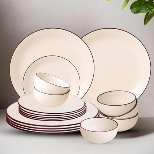 Image of Hand Painted Ceramic Dinner Set of 18 Pcs | 6 Stoneware Dinner Plates (10.6 Inch), 6 Small Plates (7.4 Inch) and 6 Katori (3.93 Inch and (170 Ml)