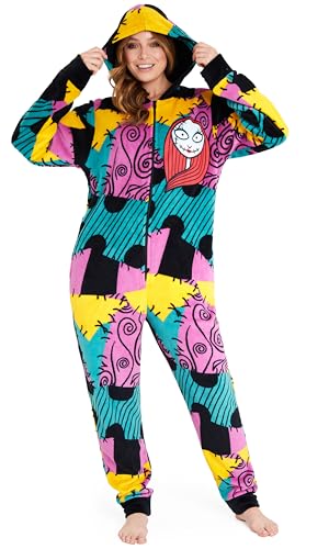 Disney The Nightmare Before Christmas Damen Fleece Onesie mit Kapuze, Schlafanzug Einteiler (Mehrfarbig, M)