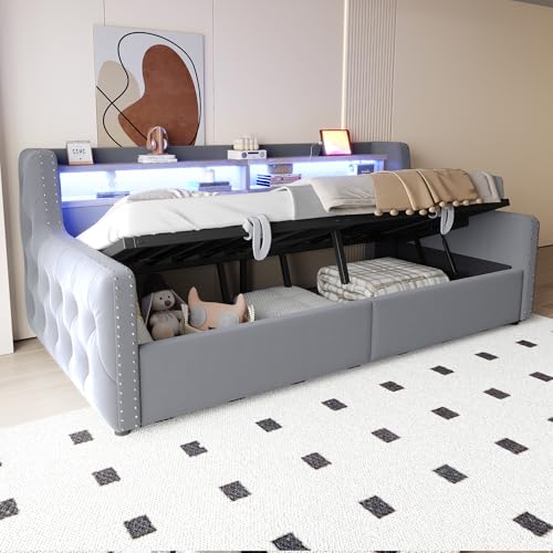 BNUZ Cama tapizada sofá cama 90 x 200 cm, gris claro, espacio de almacenamiento hidráulico, respaldo suave y grueso, reposabrazos y compartimento, somier, sin colchón