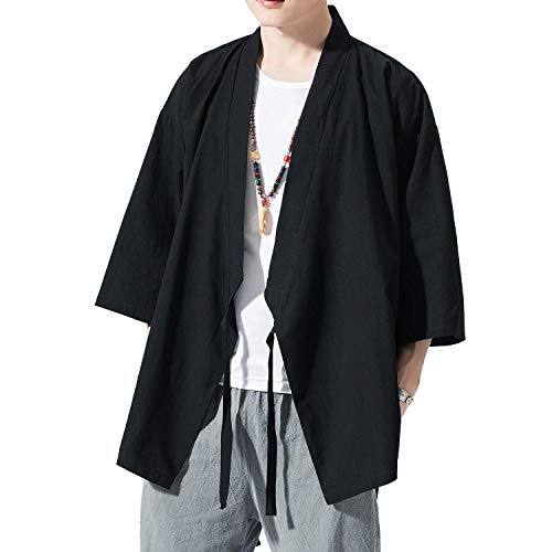 Image of PRIJOUHE Men's Kimono Jackets Cardigan Lightweight Casual Cotton Blends Linen Seven Sleeves Open Front Coat Outwear