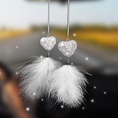 PAGOW Heart Feather Heart White Feather Charms, Rear View Mirror Accessories, Car Mirror Hanging Bling Decoration, Diamond Love Heart White Feather Charm Decor with Chain for Women (Color: White)